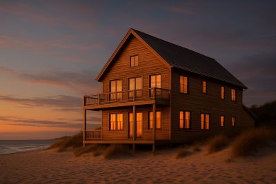 Maison en bois sur la côte normande au crépuscule